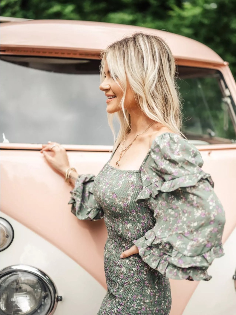Petal & Pup Sage Green Floral Midi Dress with Puff Sleeves - Picture 5 of 12